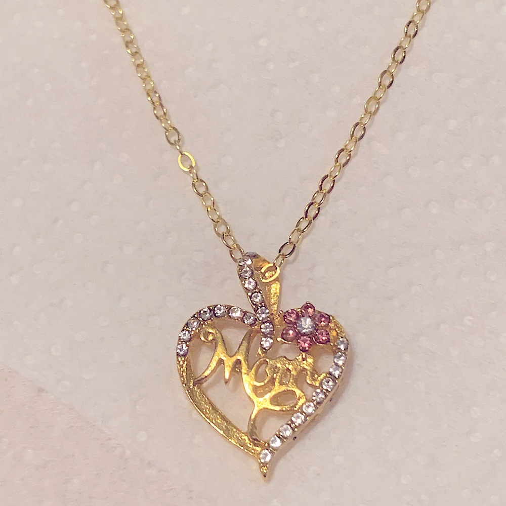 Gold Heart MOM CZ Pendant Necklace Rhinestones Simulated Pink Topaz 18-22”